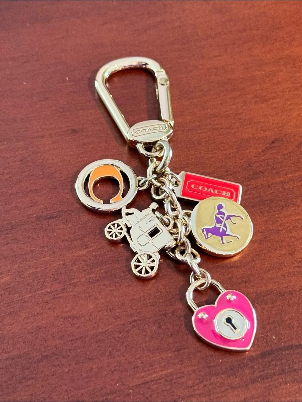 Coach Charm Keychain Clip Horse & Carriage Pink Heart Lock Gold Tone Accessory